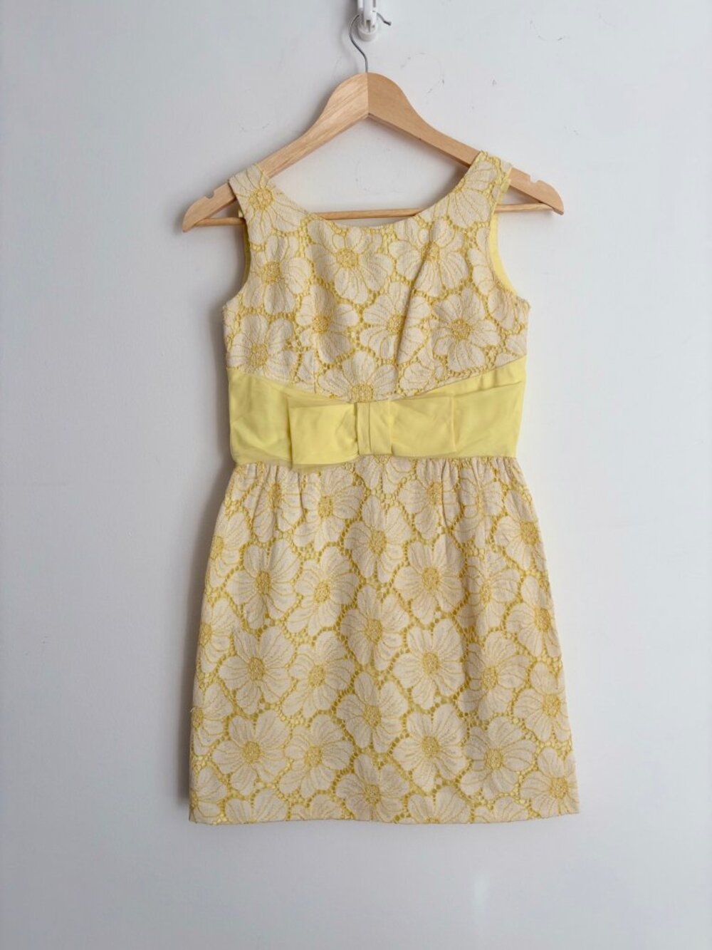 Vintage 1960s Yellow Daisy Floral Bow Overlay Dress Cottagecore Coquette